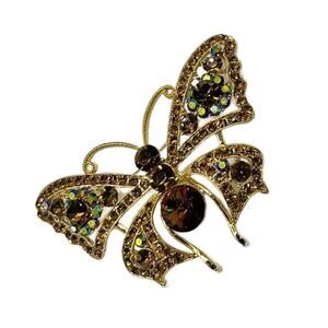 Vintage Topaz Citrine Aurora Borealis Crystal Butterfly Brooch